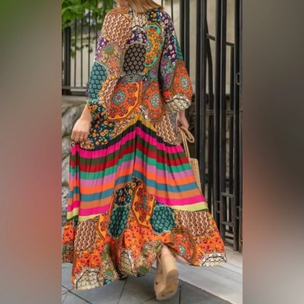 Multicolor Printed Bohemian Maxi Dress multiple sizes S-L - Picture 2 of 11